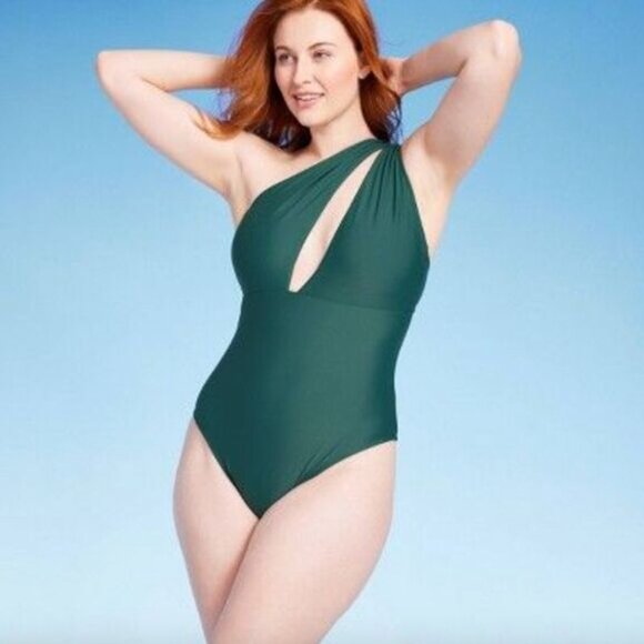 Shade & Shore Women's Green One Shoulder Cut Out One Piece Swimsuit Medium - Picture 2 of 10